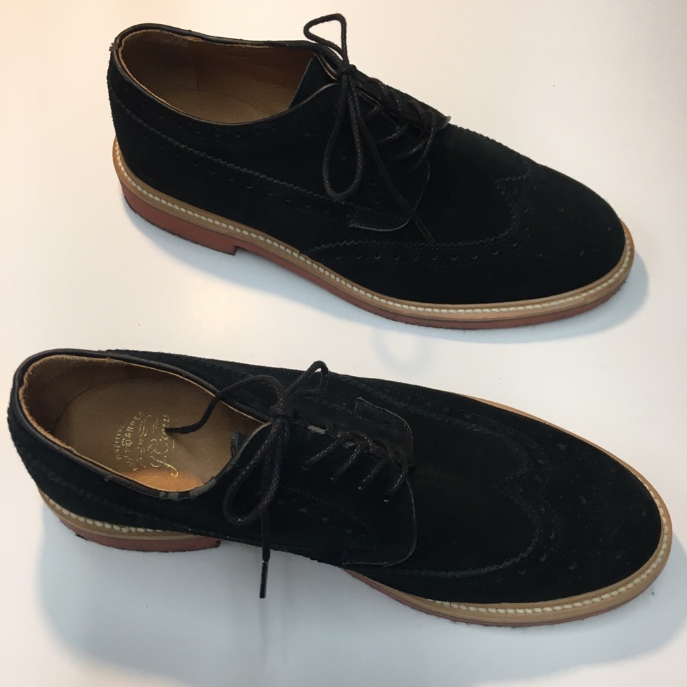 J Crew Kenton Suede Wing Tips Oxford Shoes Men's 10 Black Classic Academia - Picture 12 of 16